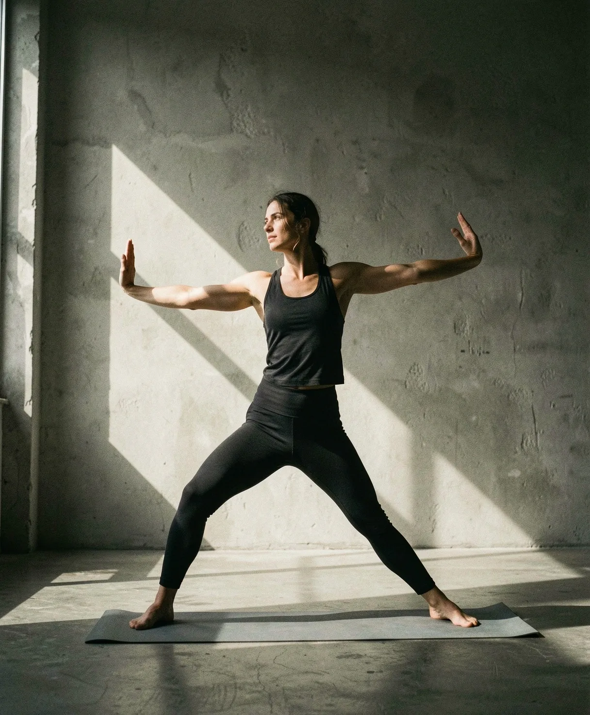 Yoga instructor in mid-flow practice